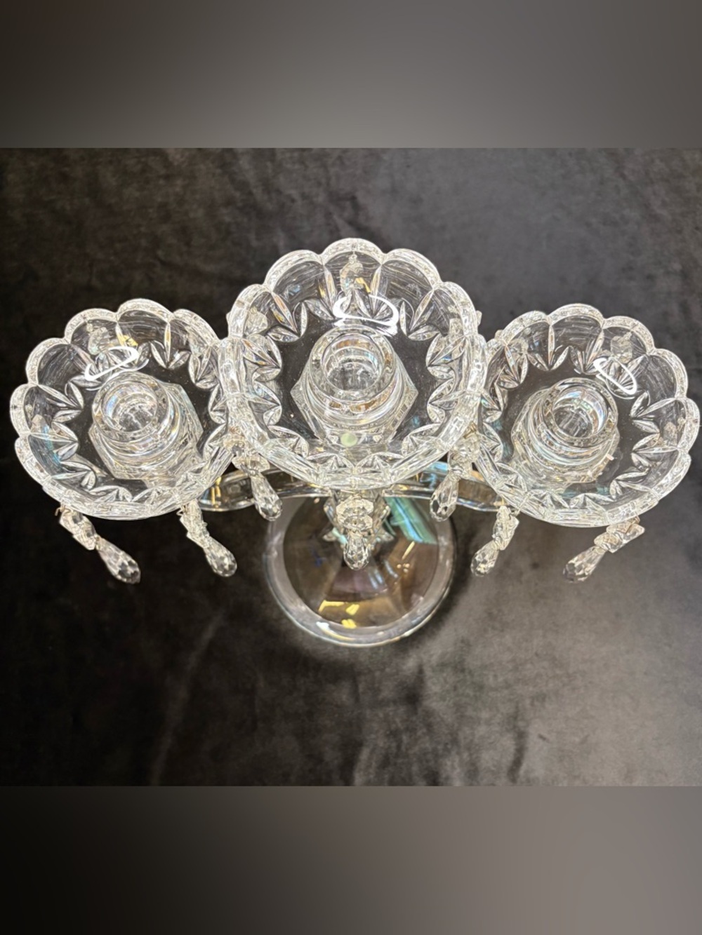 Vintage Pair Of Royal Limited 3 Armed Crystal Candelabras With Hanging Crystals - Picture 8 of 9